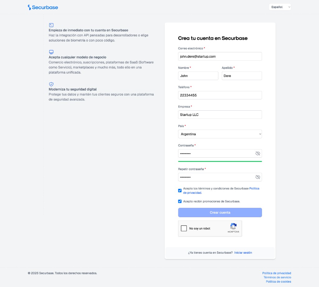 Securbase portal — account registration form
