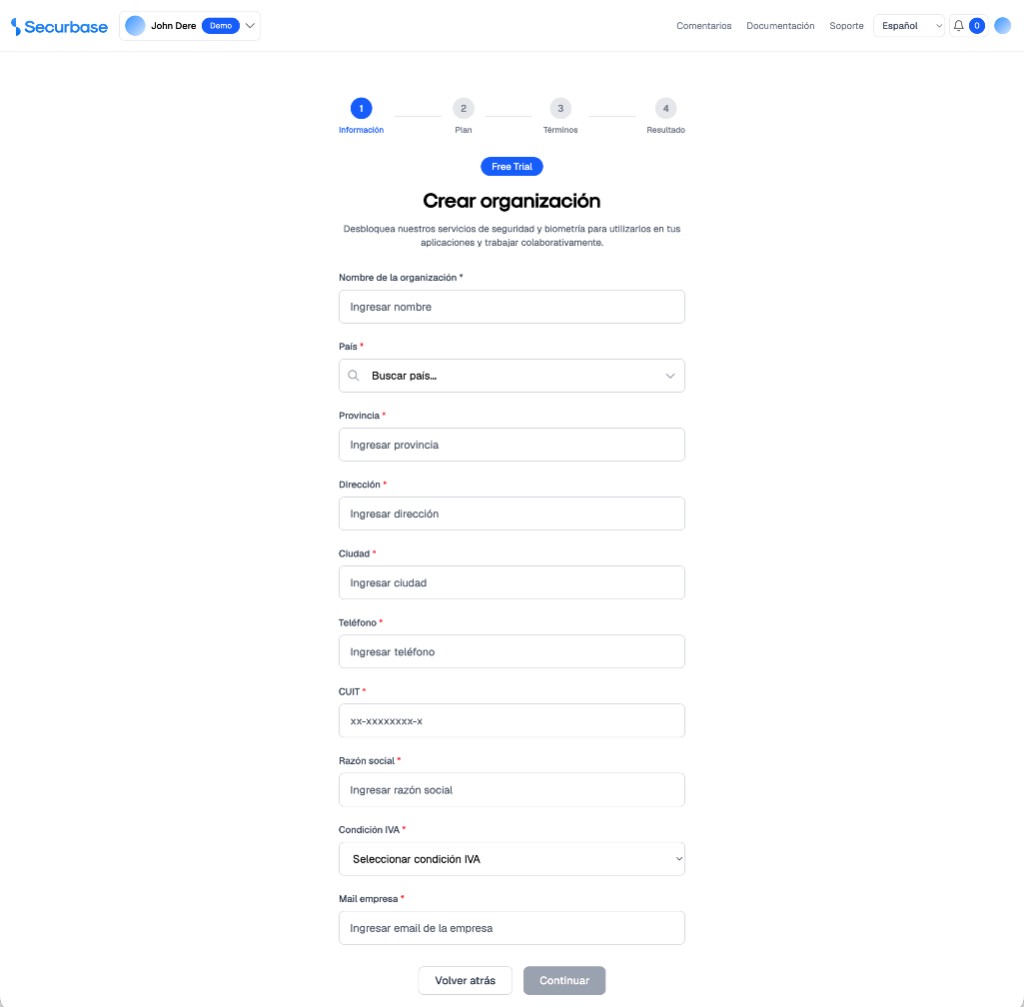 Organization wizard — step 1 (Information): organization details form