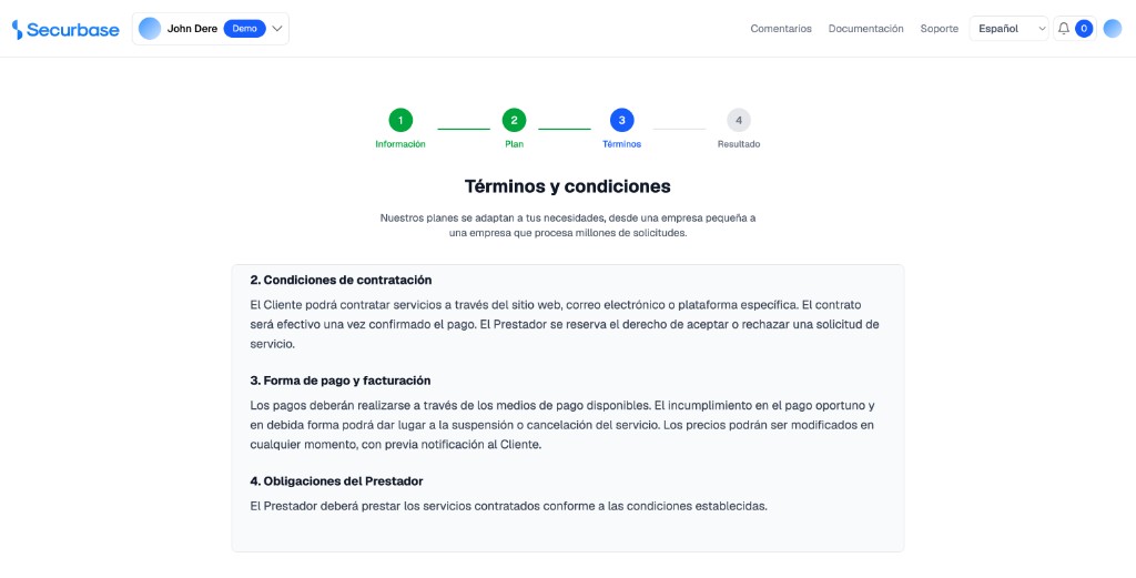Organization wizard — step 3 (Terms): terms and conditions acceptance