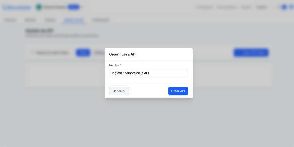 Create API modal — enter a name to identify the token