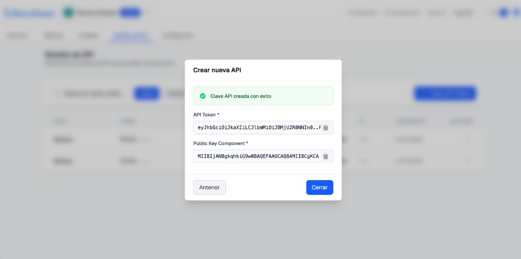 API token created — copy the API Token and Public Key before closing the modal